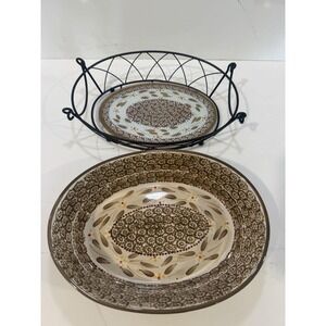 Temptations by Tara Old World BROWN 2 QT Oval Casserole Dish Rack Trivet 3 Pcs